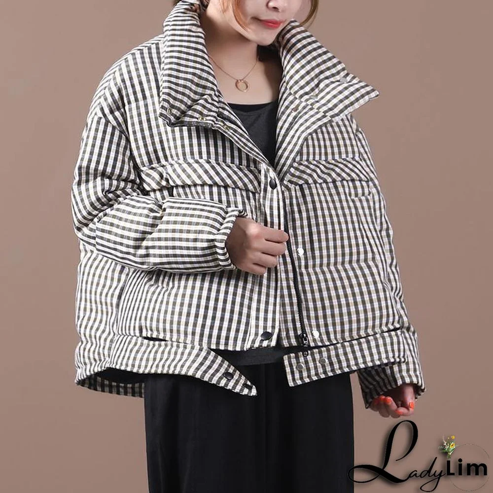 Luxury black plaid duck down coat trendy plus size stand collar Luxury overcoat