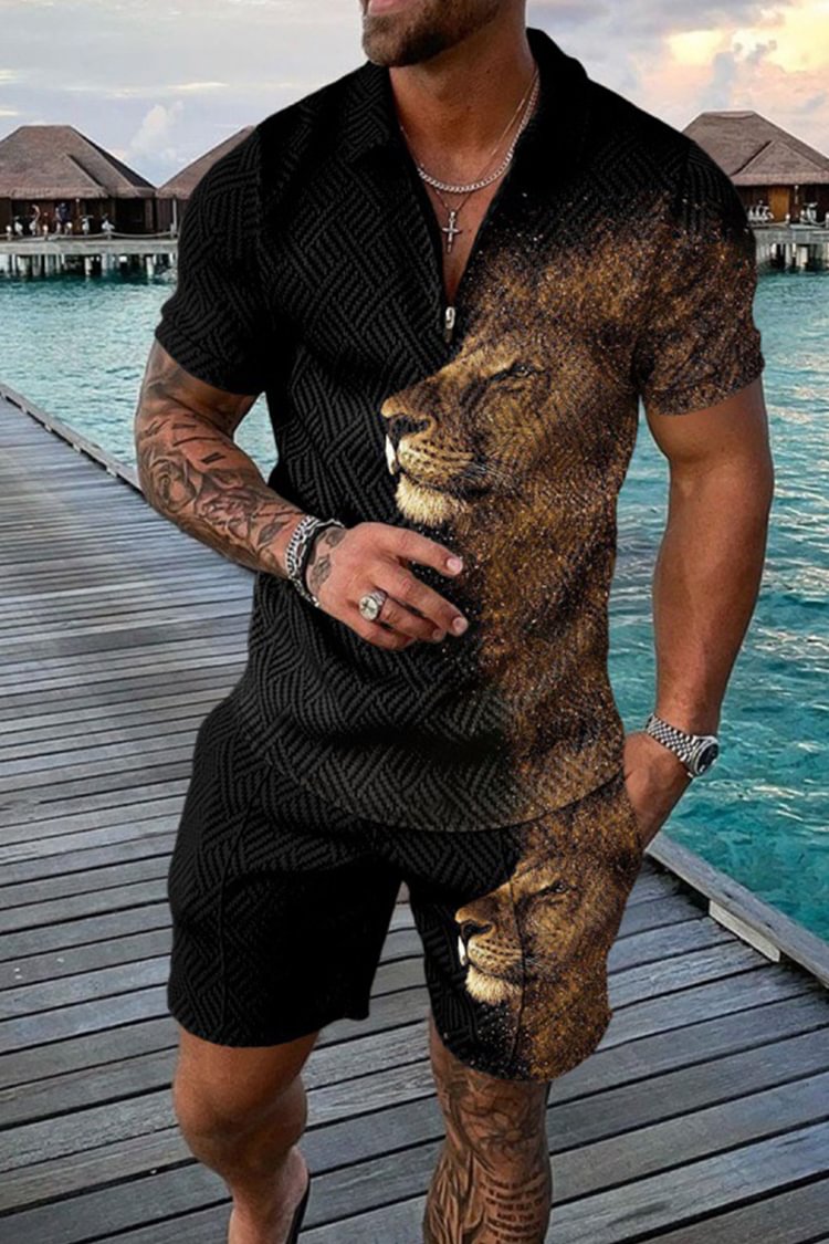 Tiboyz Lion Print Outfits Polo Shirt And Shorts Two Piece Set