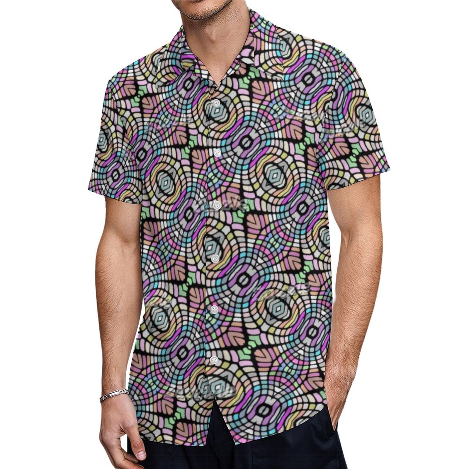 Hip Pastel Colors And Black Oriental Tribal Art Hawaiian Shirt Mens Button Down Tropical Hawaii Beach Shirts
