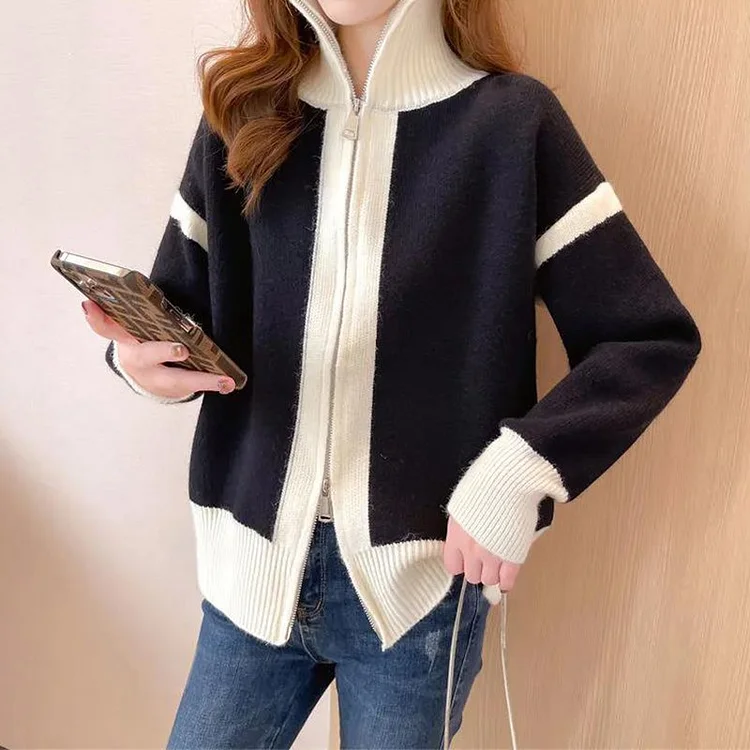 Knitted Long Sleeve Zipper Casual Sweater QueenFunky
