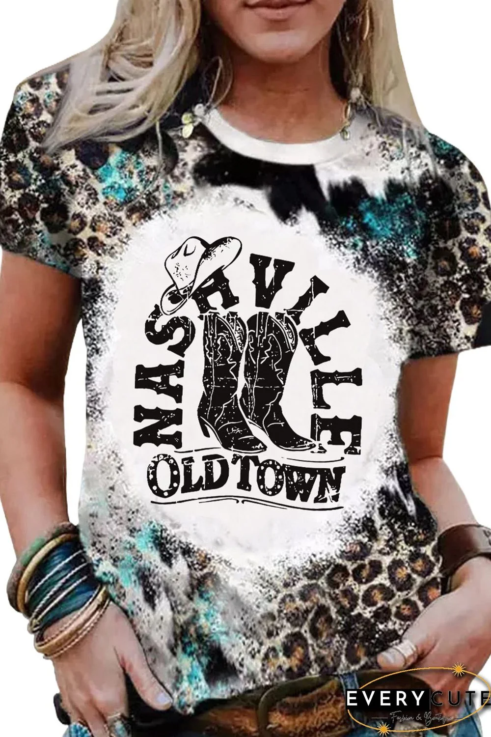 Leopard NASHVILLE OLD TOWN Graphic Print Bleached T Shirt