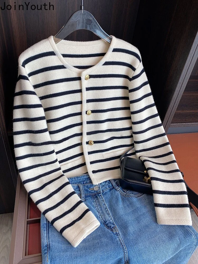 Nigikala Striped Cardigan Coat Women's Clothing O-neck Long Sleeve Sweet Knitted Korean Sweater Tops Pull Femme 2022 Ropa Mujer -331-1
