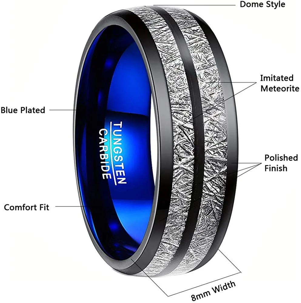 4MM 6MM 8MM Women Men's Black Tungsten Carbide Domed Imitated Meteorite Comfort Fit Carbon Fiber Couple Wedding Bands