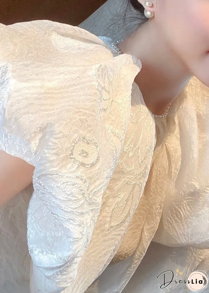 Jacquard White O-Neck Silk Long Dresses Short Sleeve