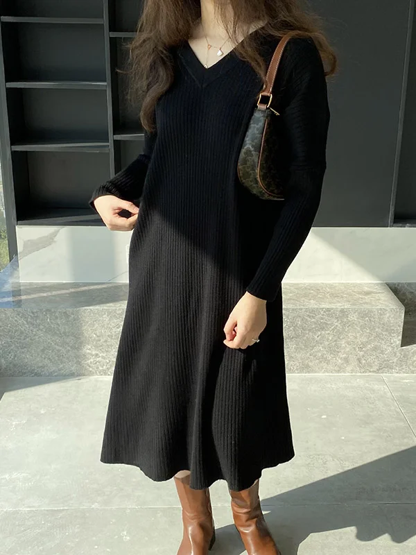 Casual 4 Colors V-Neck Long Sleeves Sweater Dress