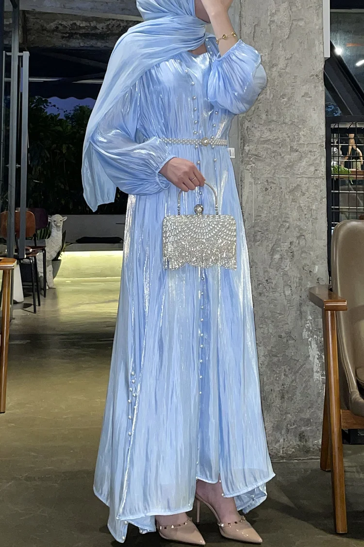 Elegant Pearls Lantern Sleeve Maxi Dress & Cardigan 2Pcs Set