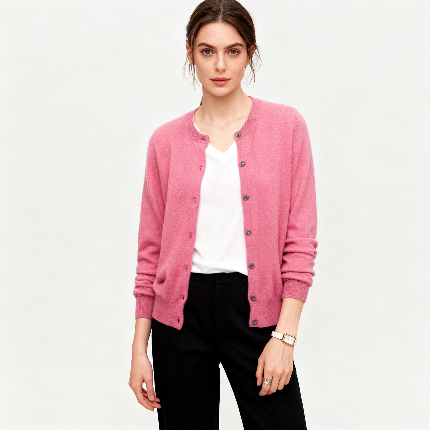 Women's Knit Cashmere Cardigan with Shell Buttons REAL SILK LIFE