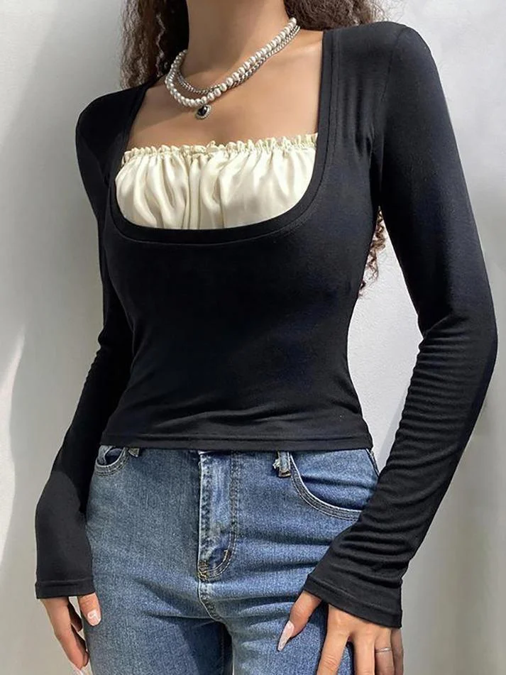 Brownm Square collar Lace Crop Top