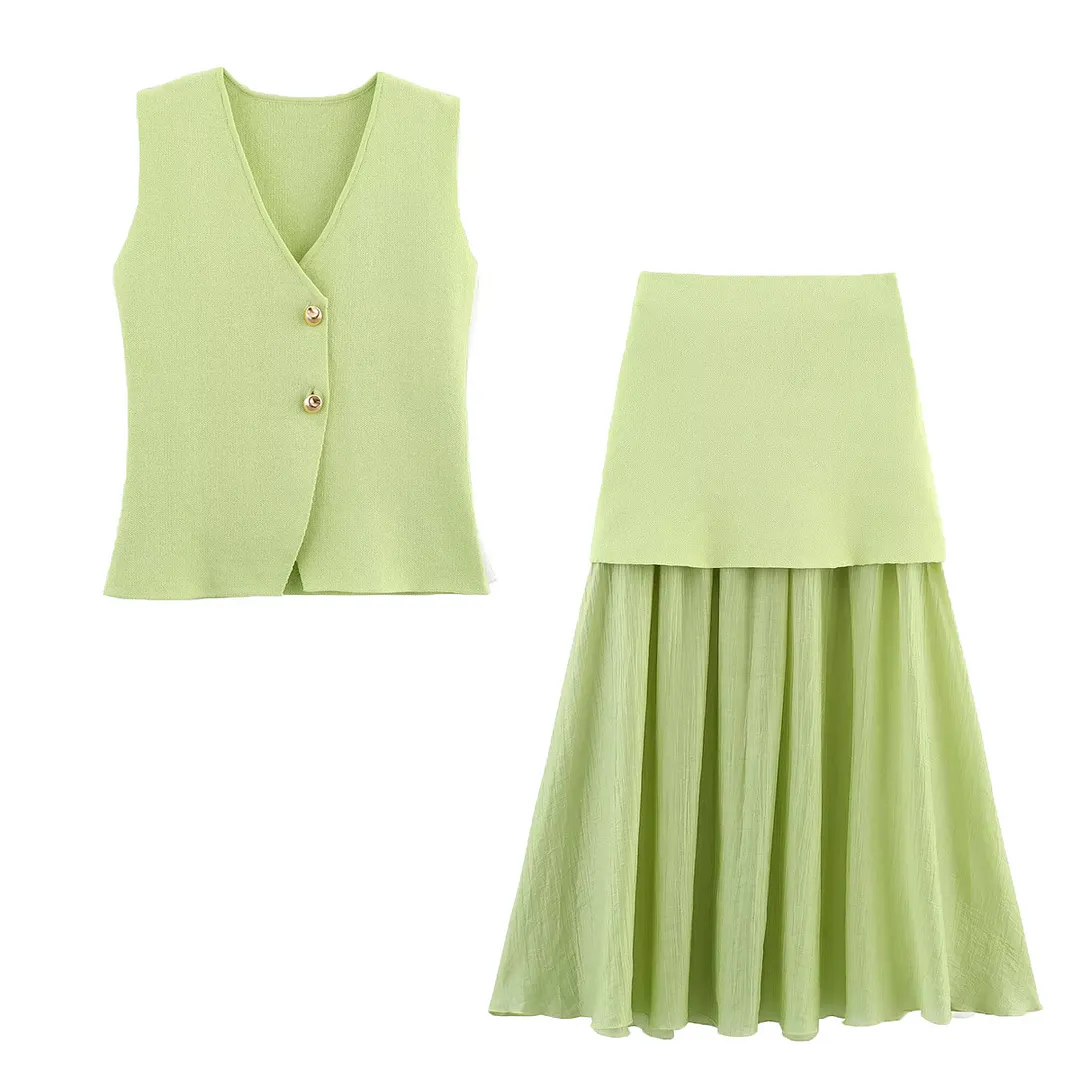 Nigikala Nigikala Women's 2025 Summer New V-Neck Gold Button Knitted Vest + Folding Skirt Suit