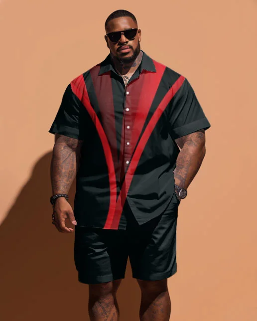 Men's Plus Size Simple Line Print Short-sleeved Shirt And Shorts Set