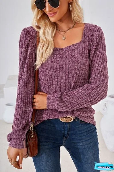 Ribbed Square Neck Long Sleeve T-Shirt