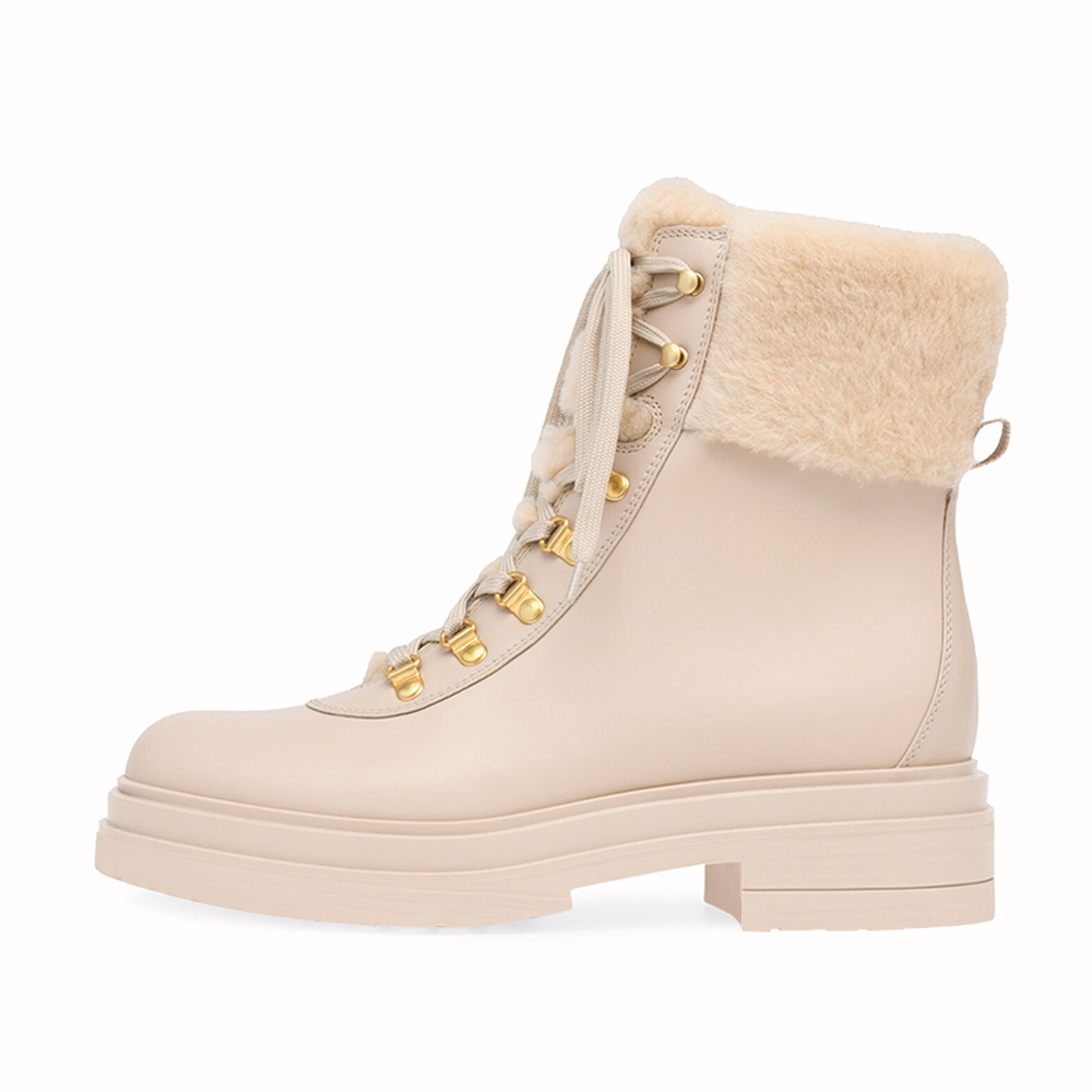 Women's Beige Round Toe Low Heel Lace Up Furry Winter Boots Nicepairs