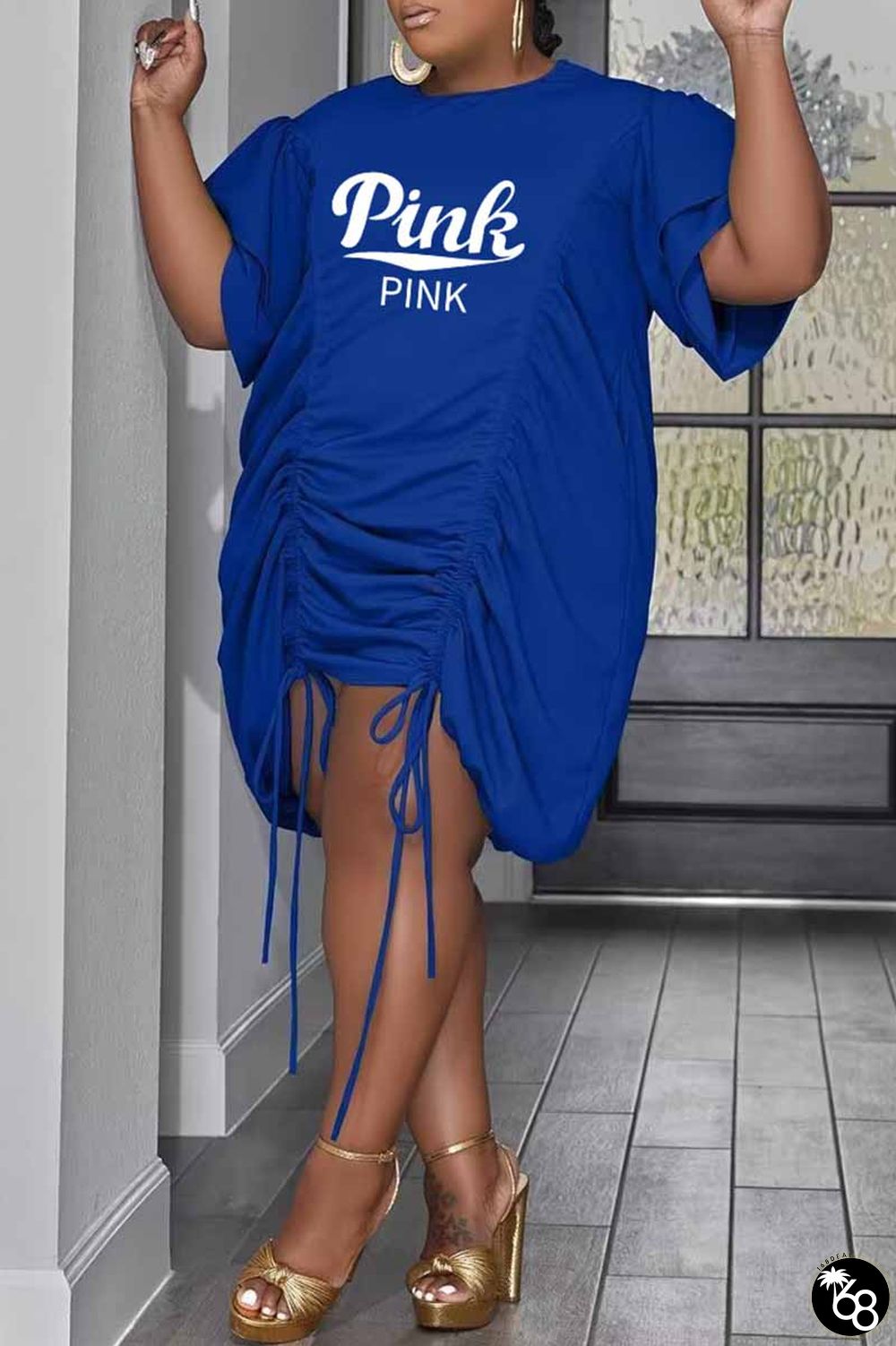 Blue Casual Print Letter O Neck Pleated Plus Size Dresses | 168DEAL
