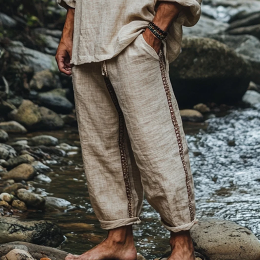 Men's Bohemian Holiday Style Vintage Ethnic Totem Print Cotton And Linen Casual Pants-inspireuse