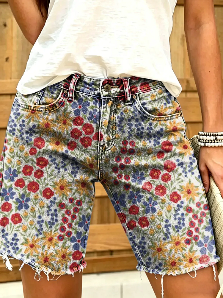 Ethnic Bohemia Flowers Women's Art Print Casual Denim Shorts