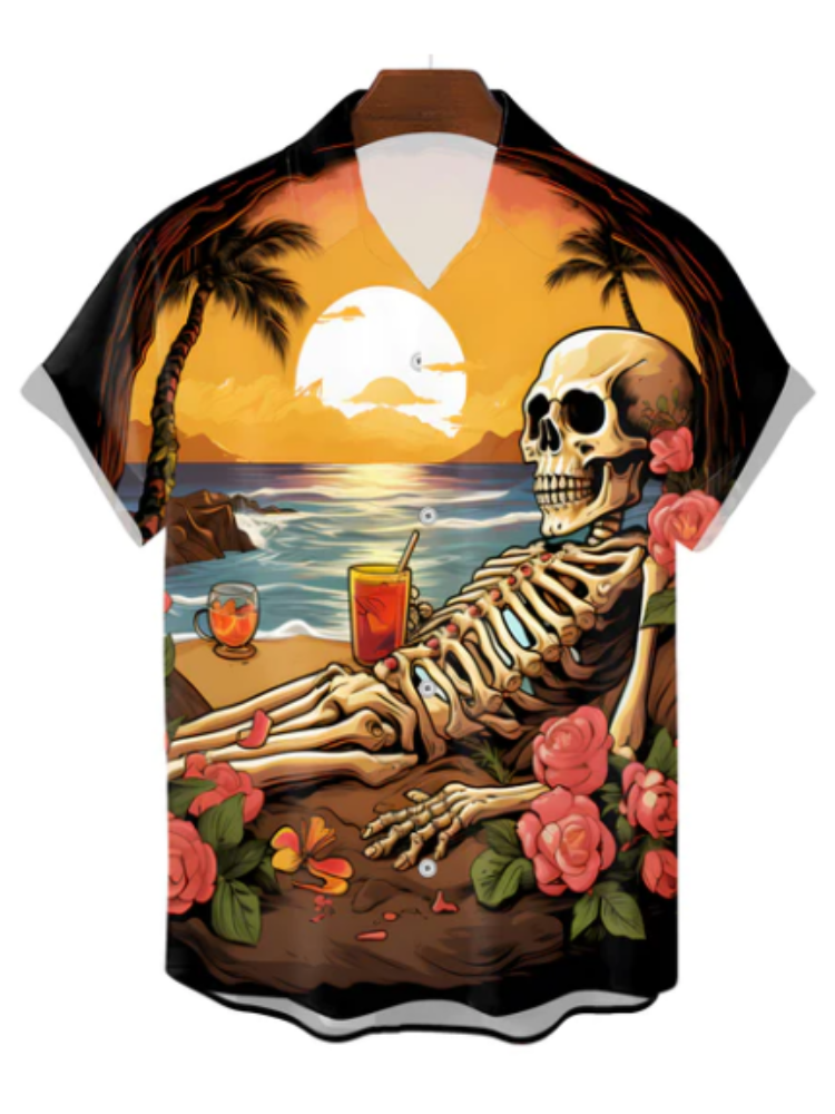 Men'S Casual Hawaiian Skull Short Sleeve Shirt