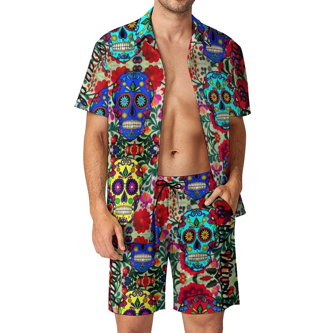 Sugar Skull Day Of The Dead Men Hawaiian 2 Piece Outfit Vintage Button Down Beach Shirt Shorts Set Tracksuit with Pockets