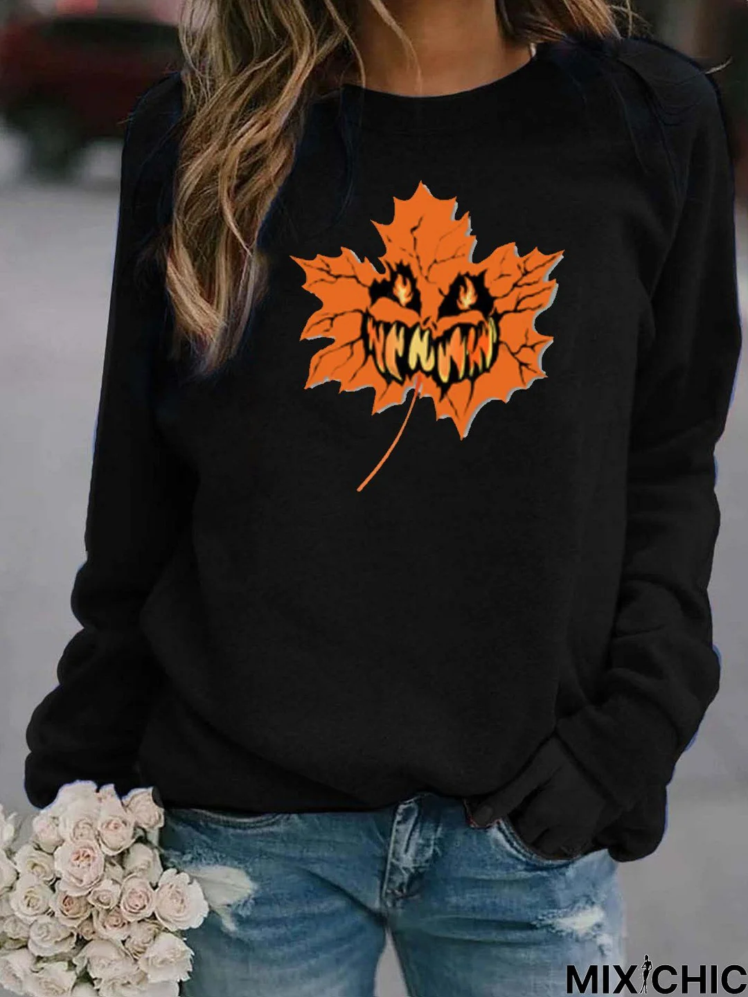 Happy face Maple Leaf Brain Melon Long Sleeve Sweatshirt