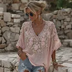Bohemian Retro Pink Floral Pattern Women's Short-sleeve Top - Image 2