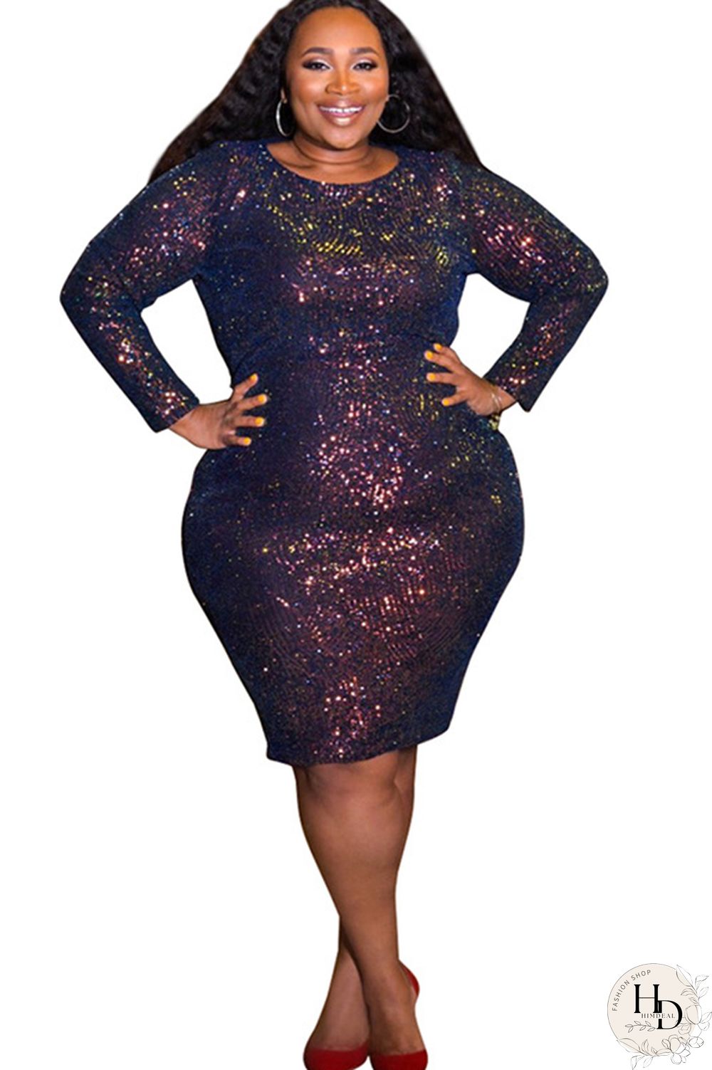 As Show Sexy O Neck Sequin Solid Sequined Plus Size Dresses