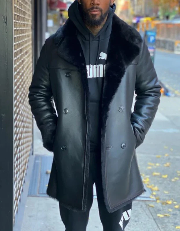 Big Fur Collar Mid-Length Men's Leather Coat VangoghDress