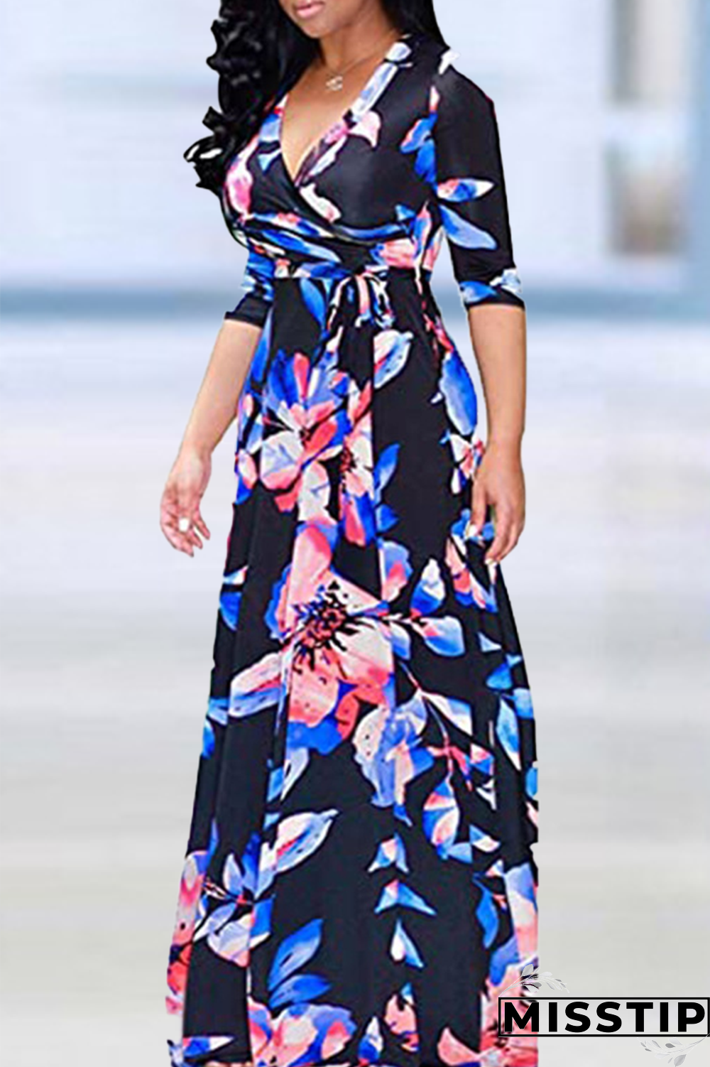 Blue Casual Print Patchwork V Neck Straight Dresses