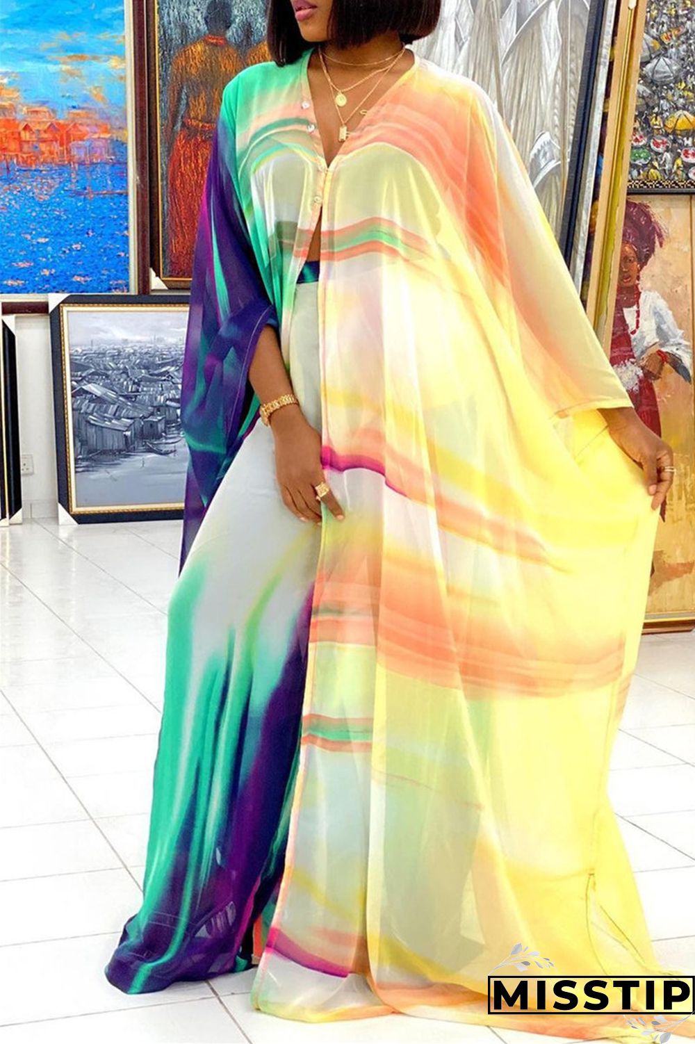 Blue Fashion Casual Print Slit V Neck Long Sleeve Two Pieces