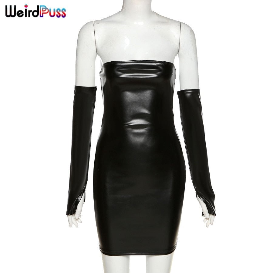 Weird Puss Women Sexy Short Faux PU Leather With Gloves Party Dress fitness Skinny bodycon Backless Hot Street Fashion Clubwear 711