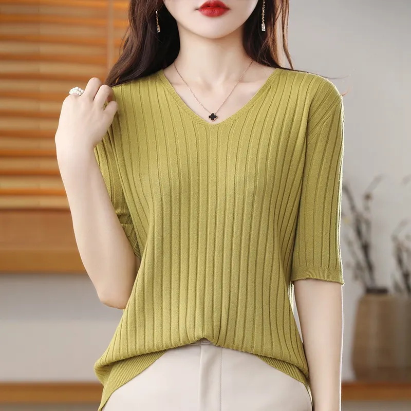 Churchf Churchf The Summer Of 2024, Women's Knit Short Sleeve Korean V-Neck Solid Color T-Shirt And A Pit Top