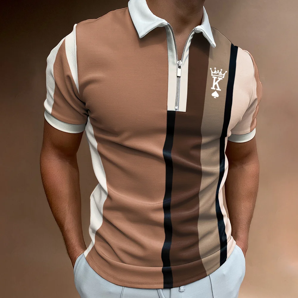 Men's Casual King Stripe Pattern Print Short Sleeve Zipper Polo Shirt