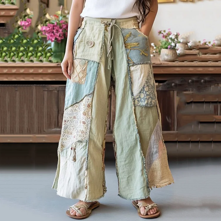 Vintage Floral Patchwork Linen Blend Casual Pants