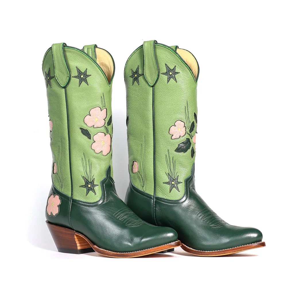 YDN Green Round Toe Stacked Heel Floral Pull-On Cowgirl Boots