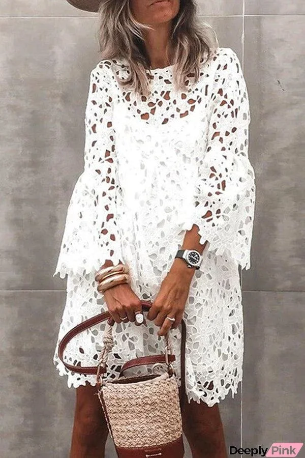 Pretty Presence Floral Crochet Lace Bell Sleeve Mini Dress