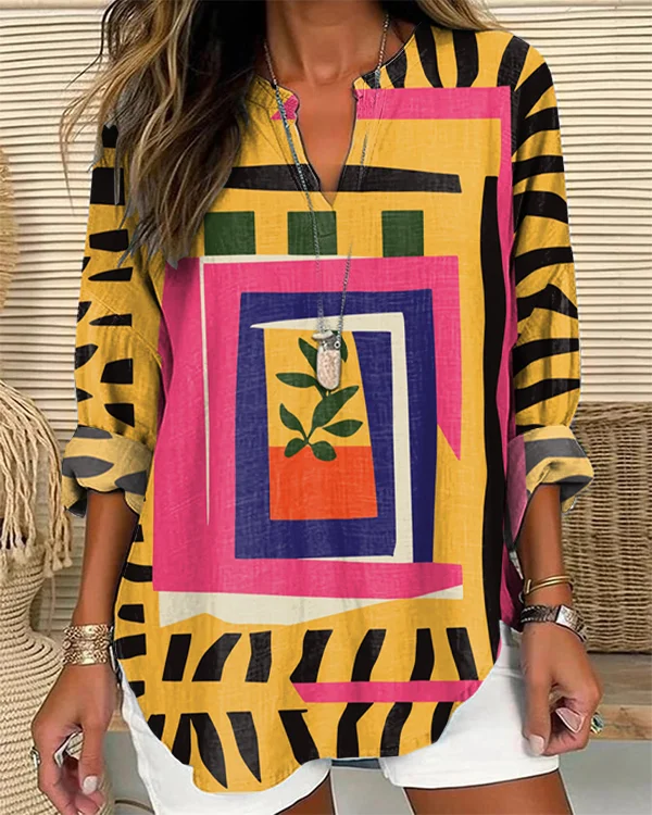 Retro Abstract Art Print Long Sleeve V Neck Top