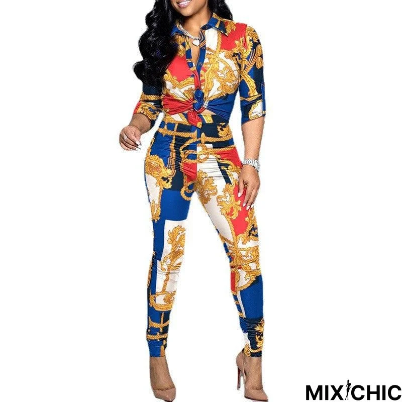 Women's Casual Color Printed Long-sleeved Lapel Cardigan Shirt Pants Two-piece Suit