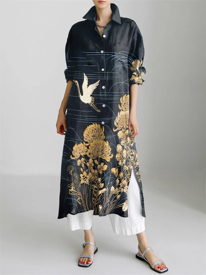 Golden Chrysanthemum Flying Crane Art Pattern Long Sleeve Slit Shirt Dress