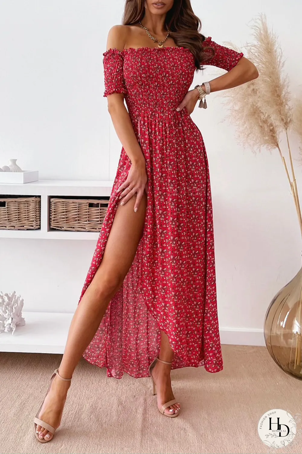 Elegant Floral Slit Fold Off the Shoulder Waist Skirt Dresses(5 Colors)