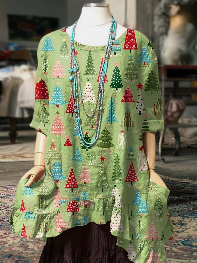 Women's Christmas Tree Print Pocket Cotton Dress