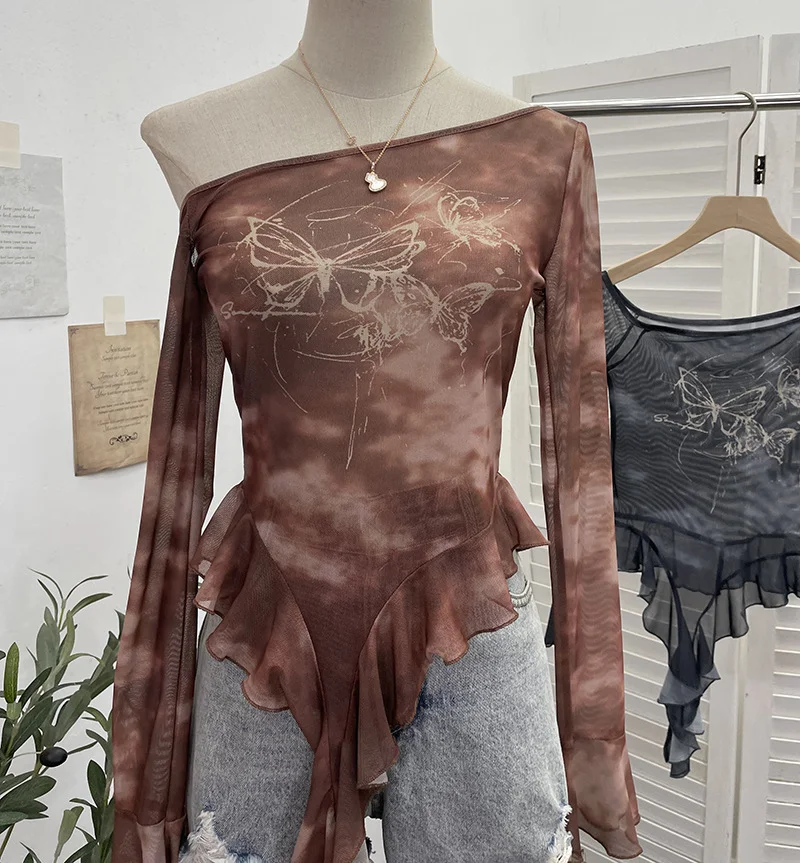 Uveng Millennial Y2k Babes Oblique Shoulder Thin Mesh Print Top Irregular Lotus Leaf Side Ribbon Short T-Shirt 6608