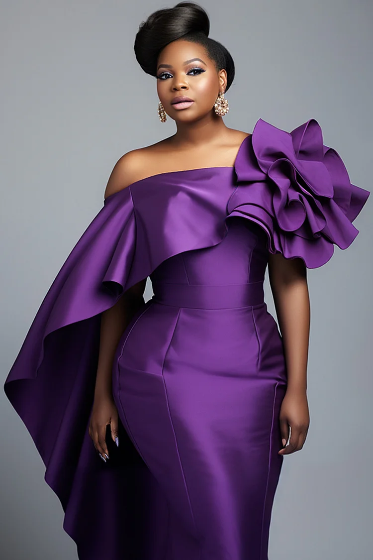Xpluswear Design Plus Size Formal Purple Elegant Off The Shoulder 3D Bodycon Satin Maxi Dresses