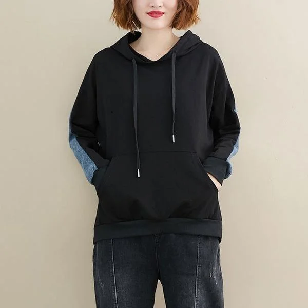 New 2020 Autumn Winter Simple Style Patchwork Denim Ladies Pullovers Hoodies