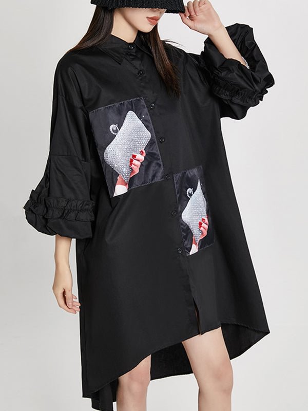 Loose High-Low Irregular Applique Shirt Dress Midi Dress