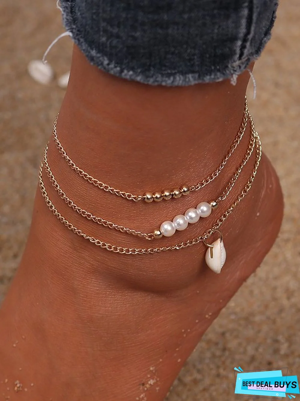 Boho Beaded Pearl Shell Layered Anklet Beach Vacation Jewelry