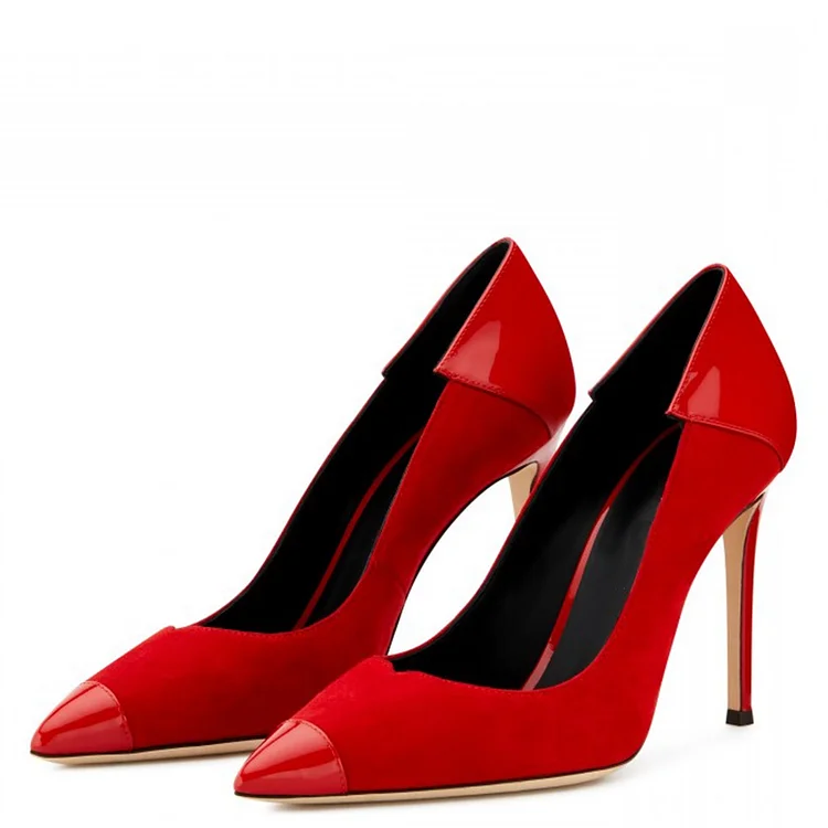 Red Patent Leather and Suede Office Heels Pumps |FSJ Shoes