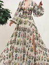 Floral Print Deep V-Neck Puff Sleeves Split-Side Maxi Dress