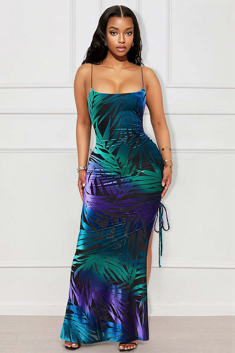 Ombre Tropical Plant Print High Slit Tied Up Party Slip Maxi Dresses-Purple