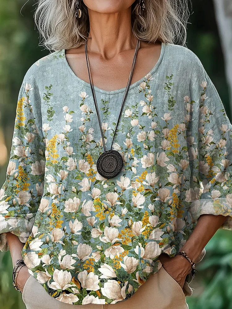 Women's  Flowers  Art  Print Casual Cotton And Linen Shirt