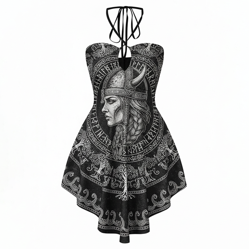 Women's Fashion Black Halter-Neck Dress With Religious Nordic Mythology Print