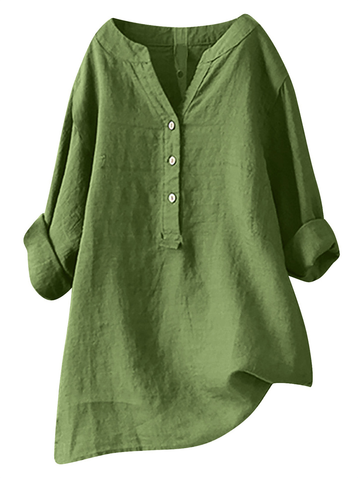 Summer Women's Cotton Linen Loose Solid Color Blouse Cotton Linen Long Sleeve Tops Pocket S-5XL