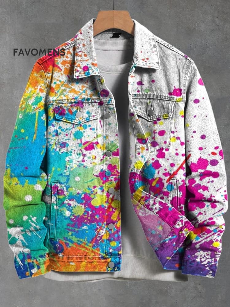 Gay Lgbtq Vintage Rainbow Gradient Ink Splash Abstract Art Print Casual Denim Jacket Multicolor / S